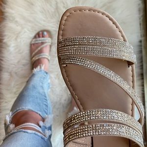 Square Toe Rhinestone Criss Cross Strap Sandals